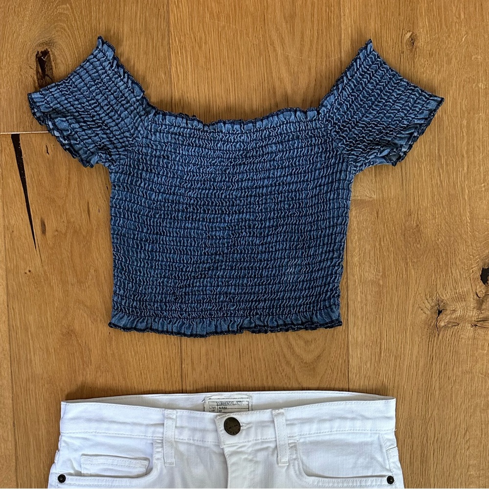 Show me Your MuMu Blue Off-Shoulder Top